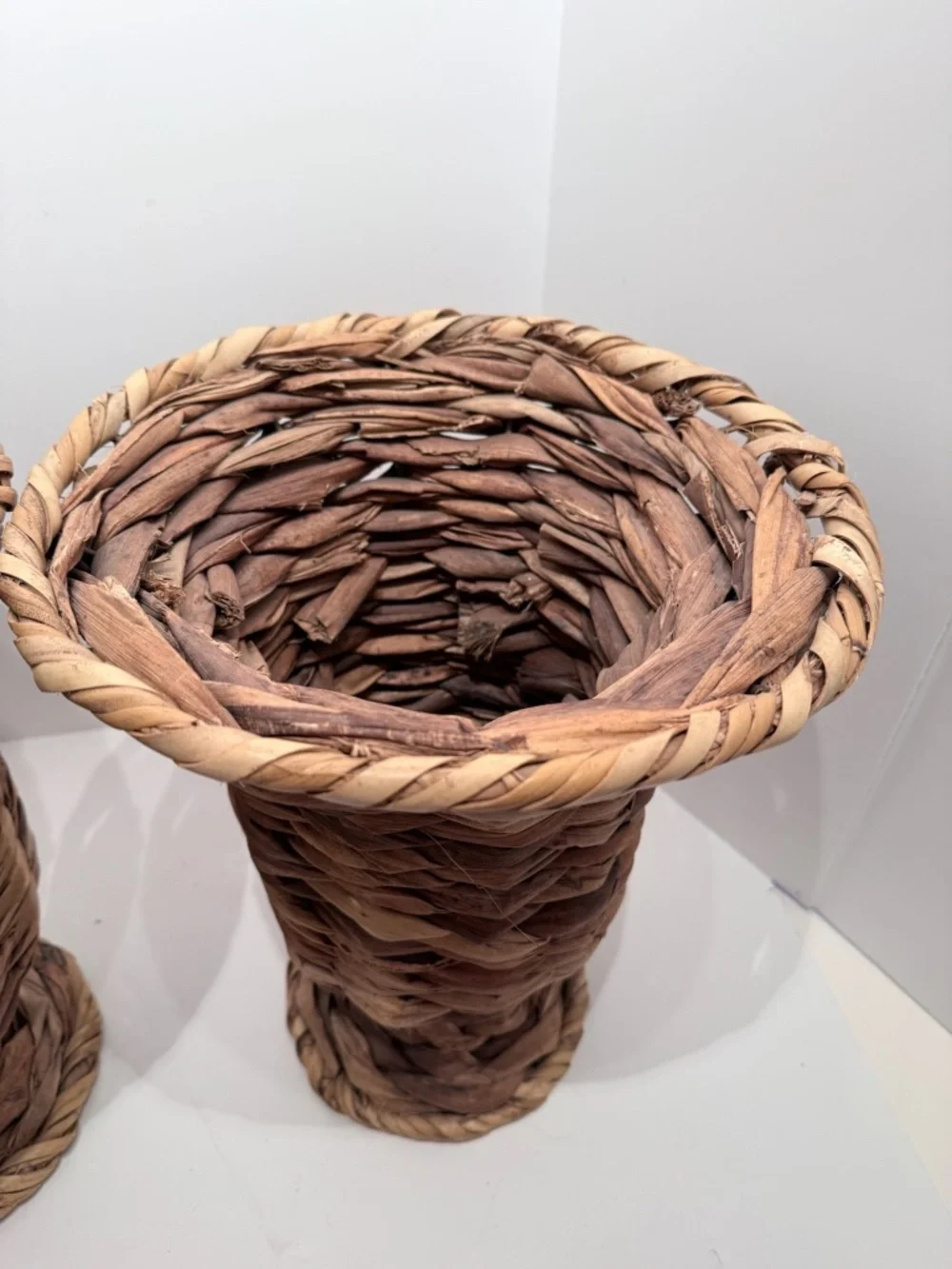 Vintage Pair Woven Wicker Urn Style Pedestal Vases